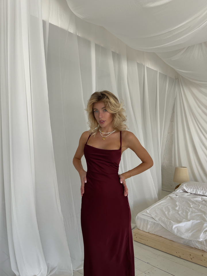 Burgundy Cowl Neck Silk Slip Dress
