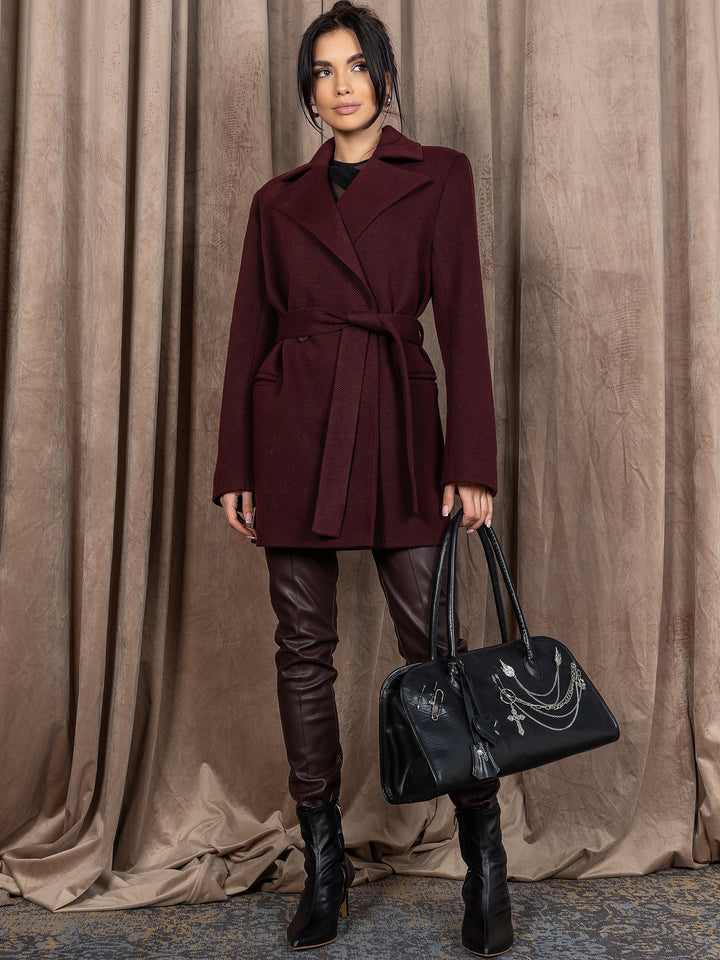 maroon wool viscose polyester lycra coat wrap long for party front view