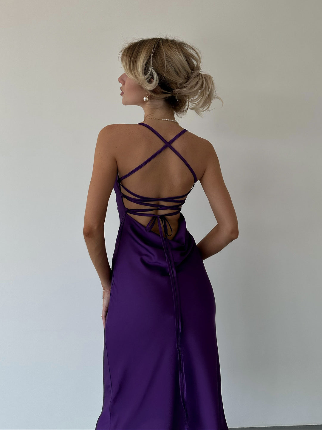 purple silk polyester dress slip spaghetti-strap sleeveless midi for formal wedding front view
