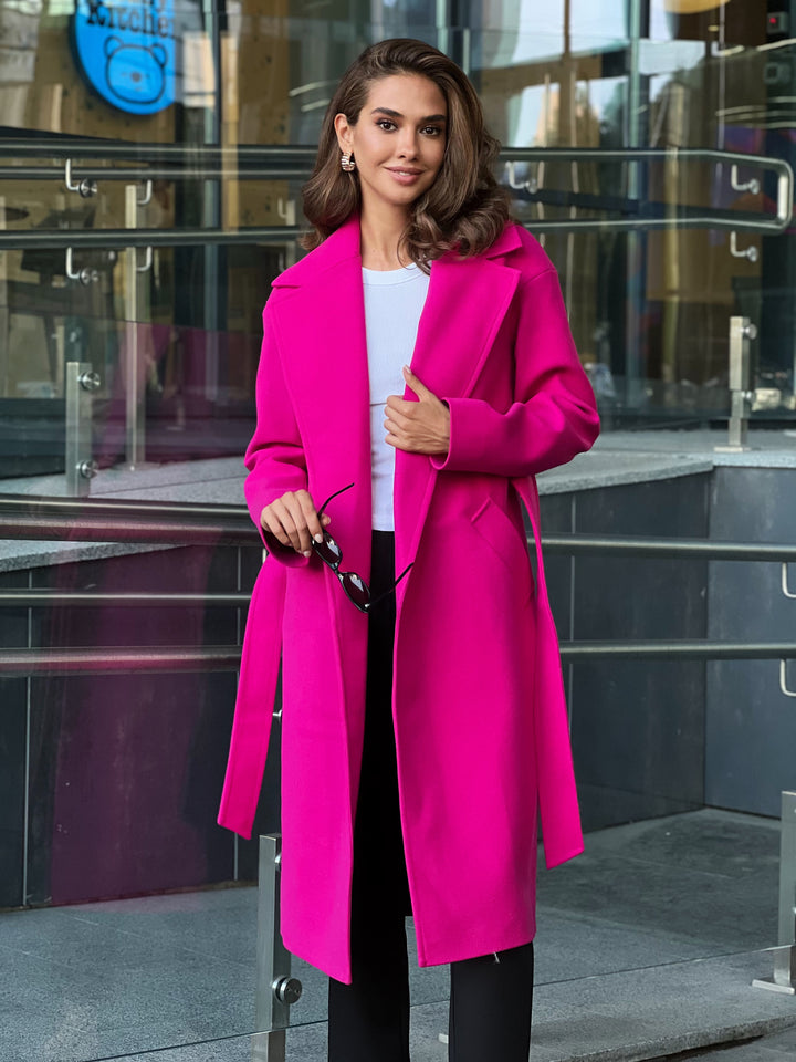 hot-pink wool polyester viscose lycra coat wrap long for party front view