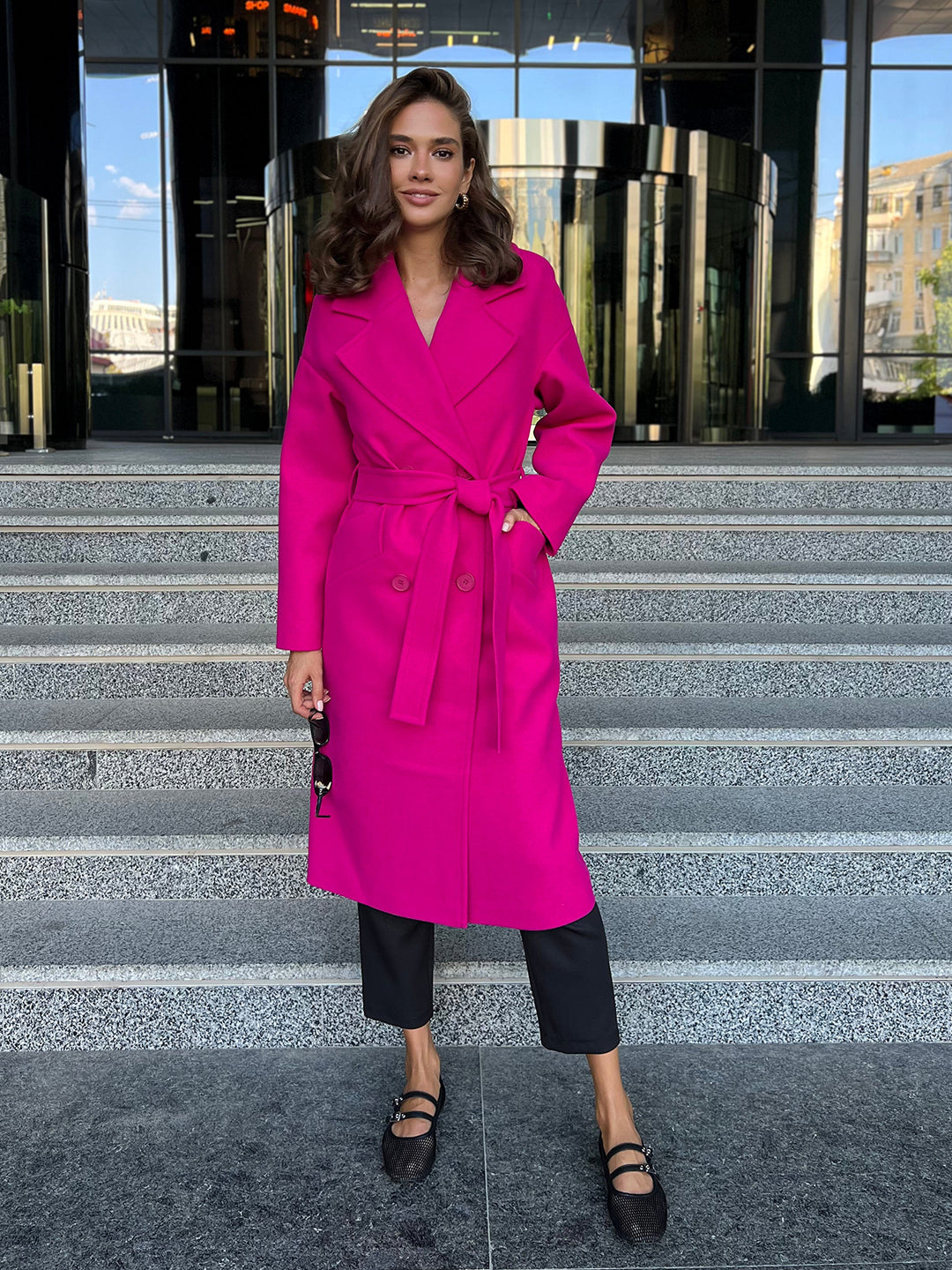 hot-pink wool polyester viscose lycra coat wrap v-neck long for party front view