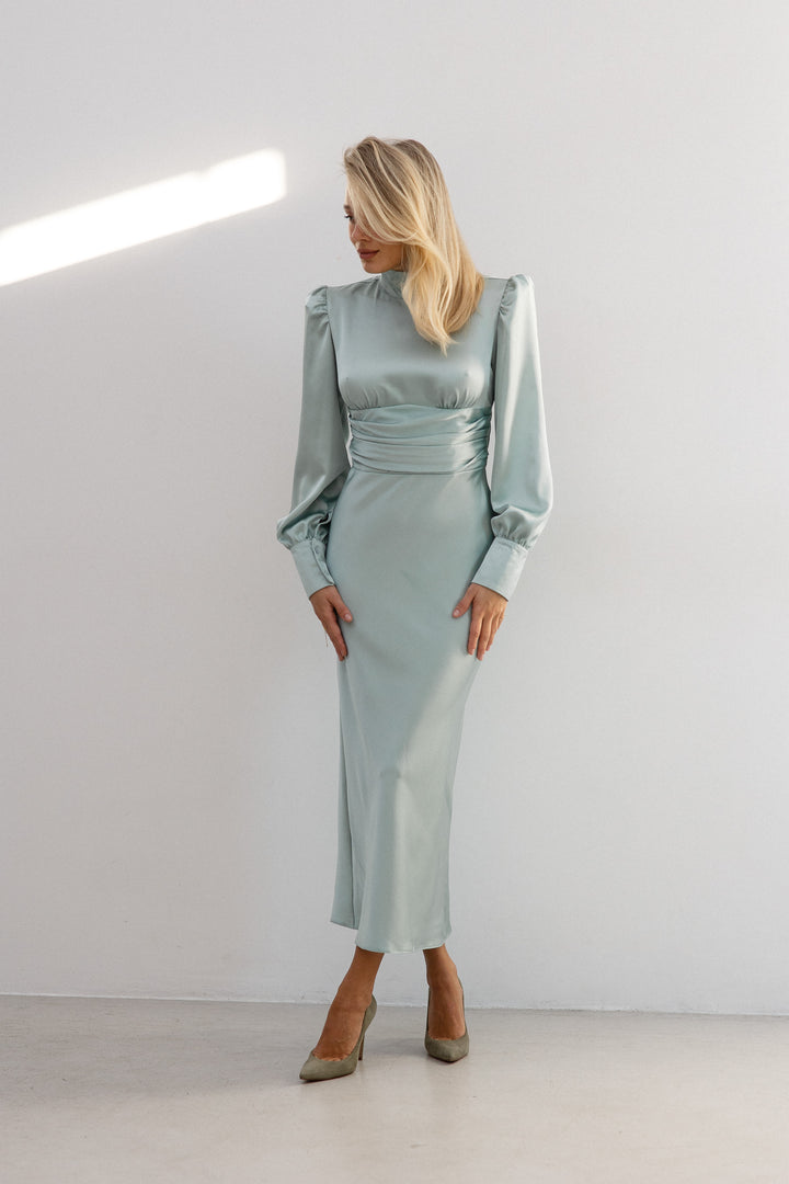 pistachio satin dress pencil turtle long midi for other holiday birthday wedding portrait pageant dance party front view