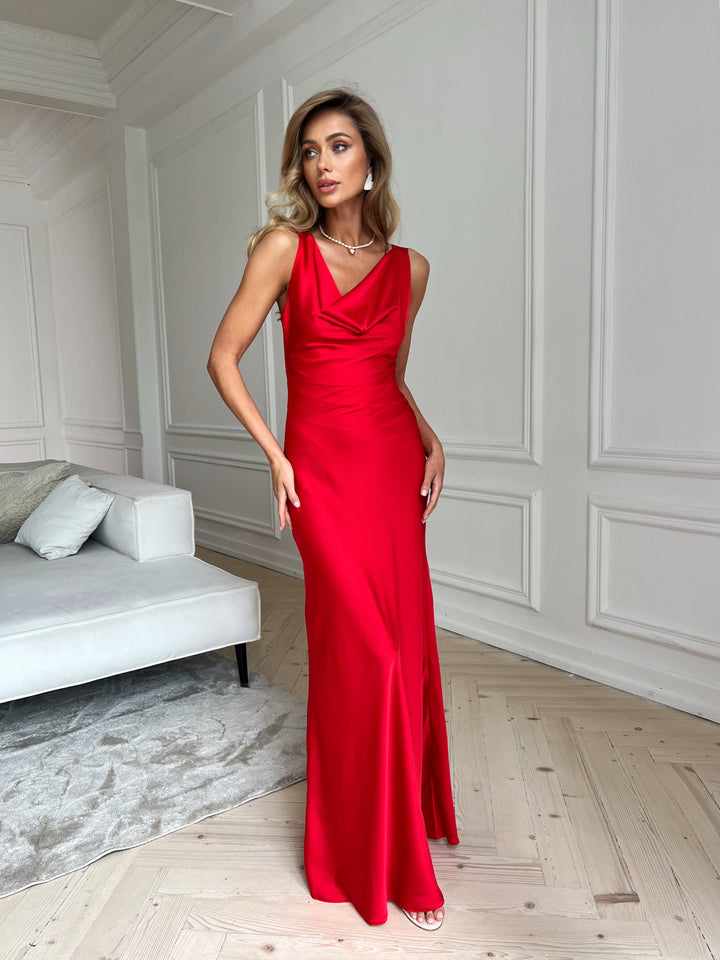 red silk polyester dress slip gown cowl sleeveless maxi for birthday wedding formal party front view