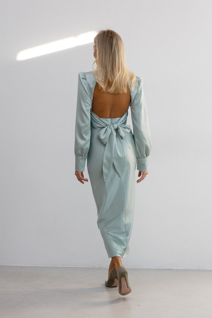 Raya Silk Open Back Dress Pistachio Green