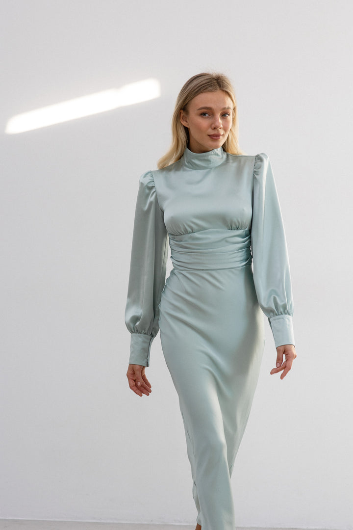 Raya Silk Open Back Dress Pistachio Green
