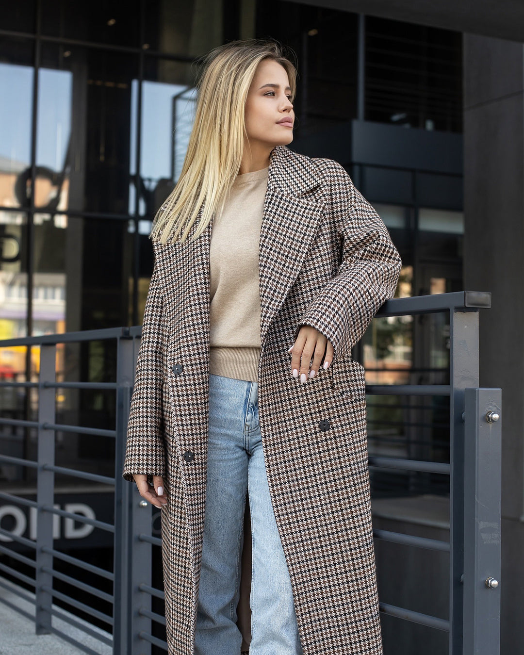 Munich Buttoned Long Coat Plaid