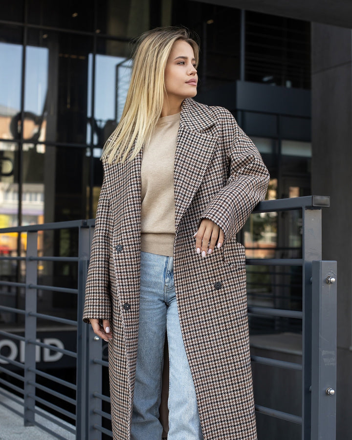 Munich Buttoned Long Coat Plaid
