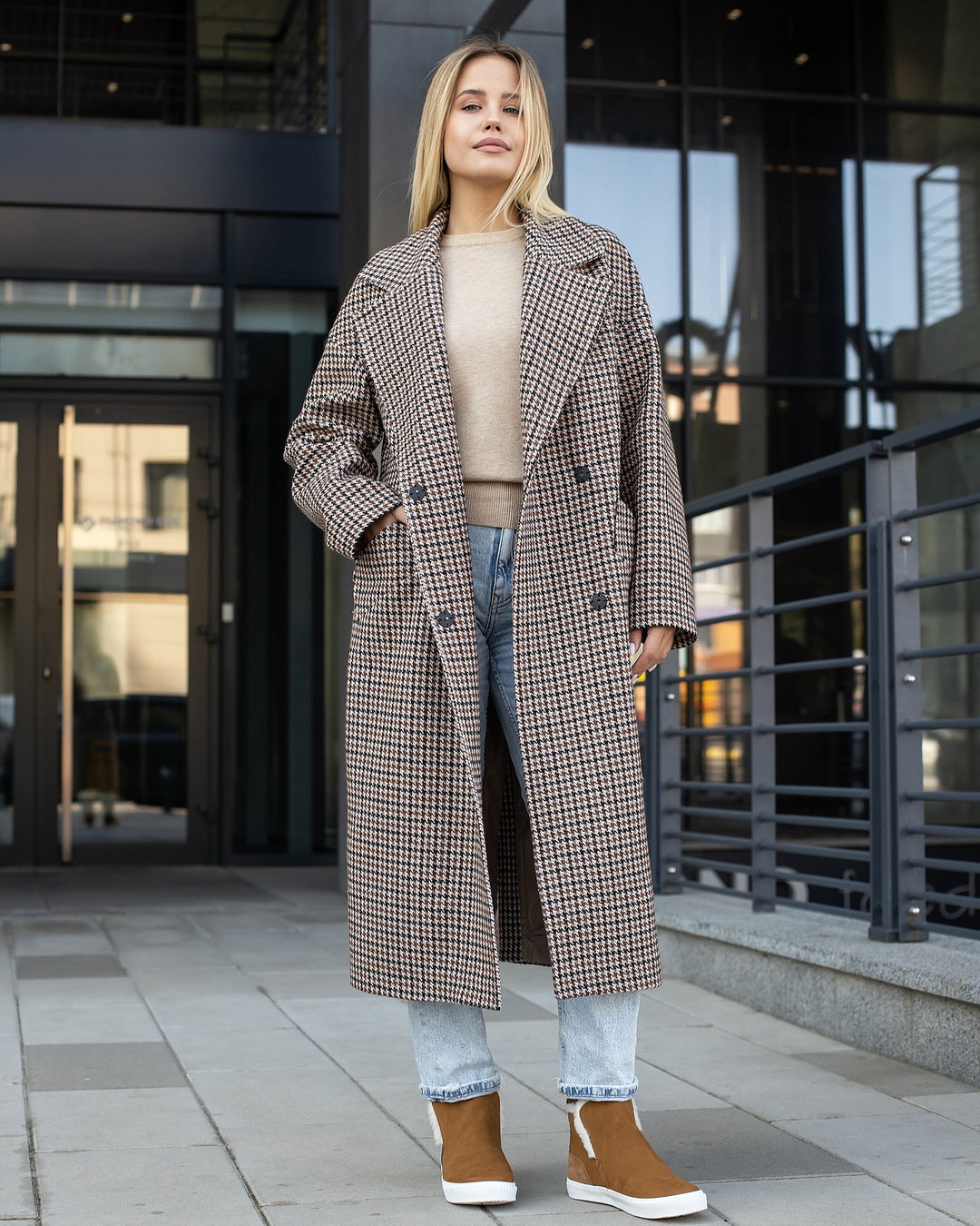 brown checkered lycra wool polyester viscose coat long for party front view