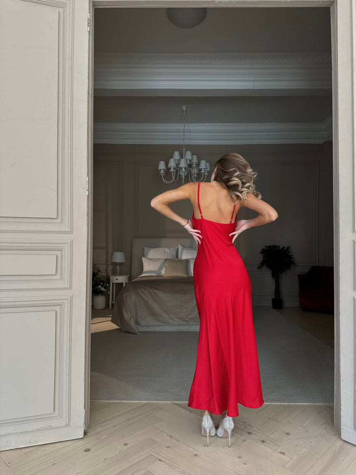 Midaxi Silk Slip Dress Red