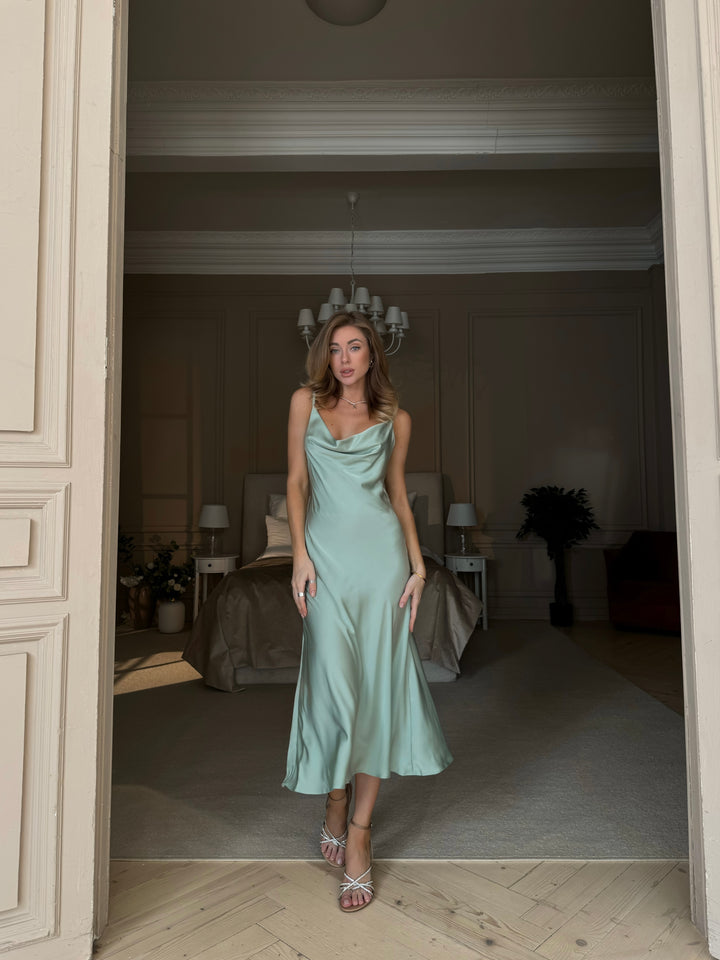 green pistachio silk polyester dress slip cowl sleeveless midi for other holiday birthday wedding pageant dance party formal front view