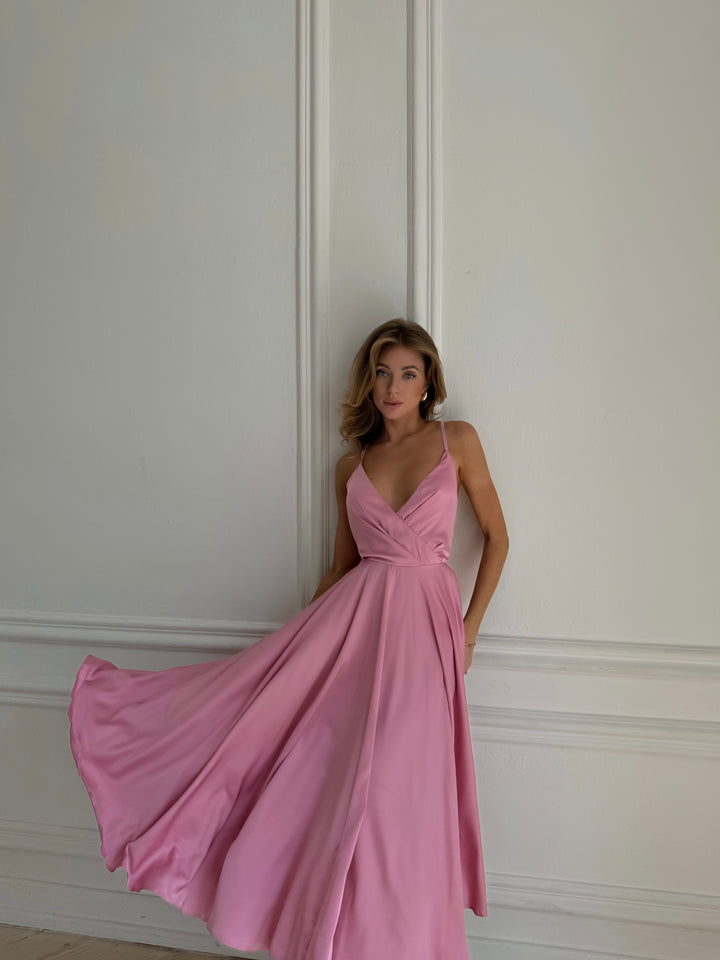 Dusty pink satin open back slip dress — fabric and texture close up