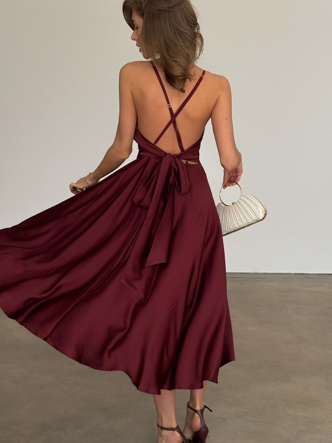 Burgundy Silk Slip Midi Dress with Open Back and V-Neck