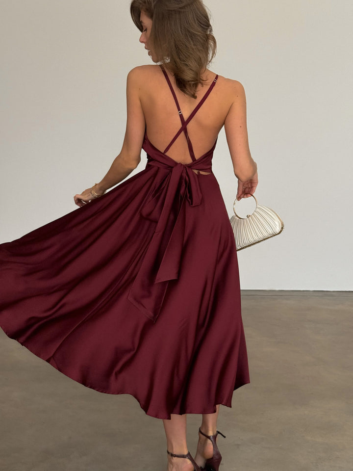 Burgundy Silk Slip Midi Dress with Open Back and V-Neck
