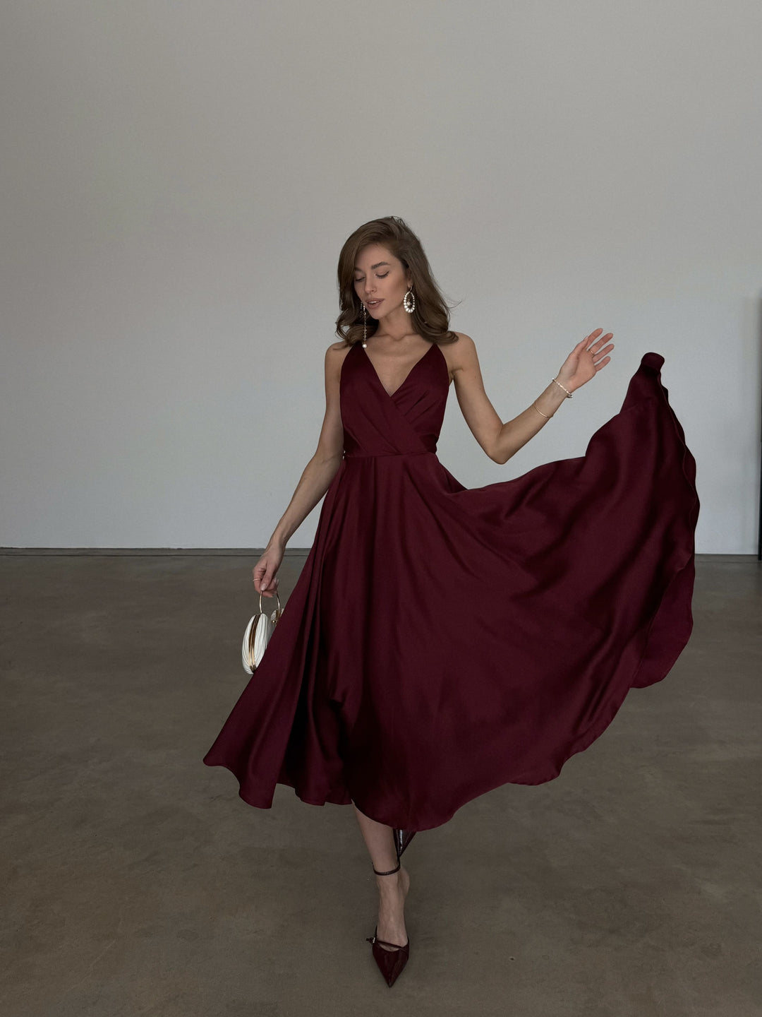 Burgundy Silk Slip Midi Dress with Open Back and V-Neck