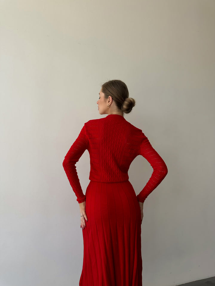 Knit Hollow Out Dress Red