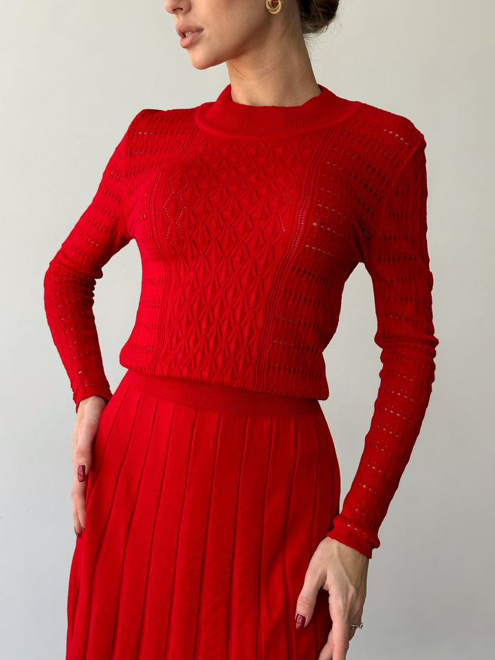 red cotton viscose polyester dress a-line crew long midi for everyday casual religious-ceremony school formal front view