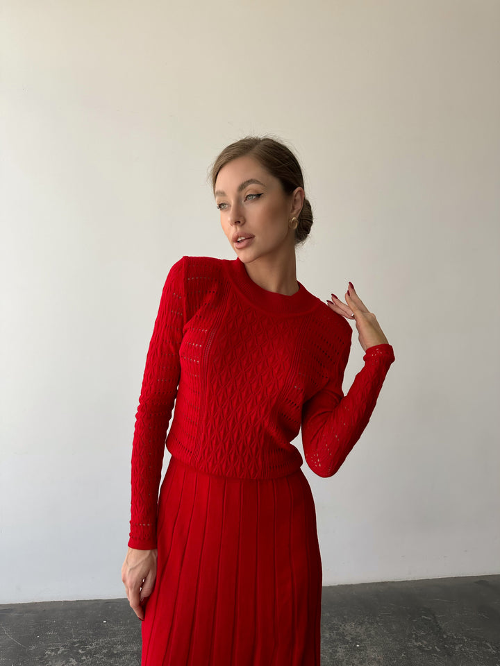 Knit Hollow Out Dress Red
