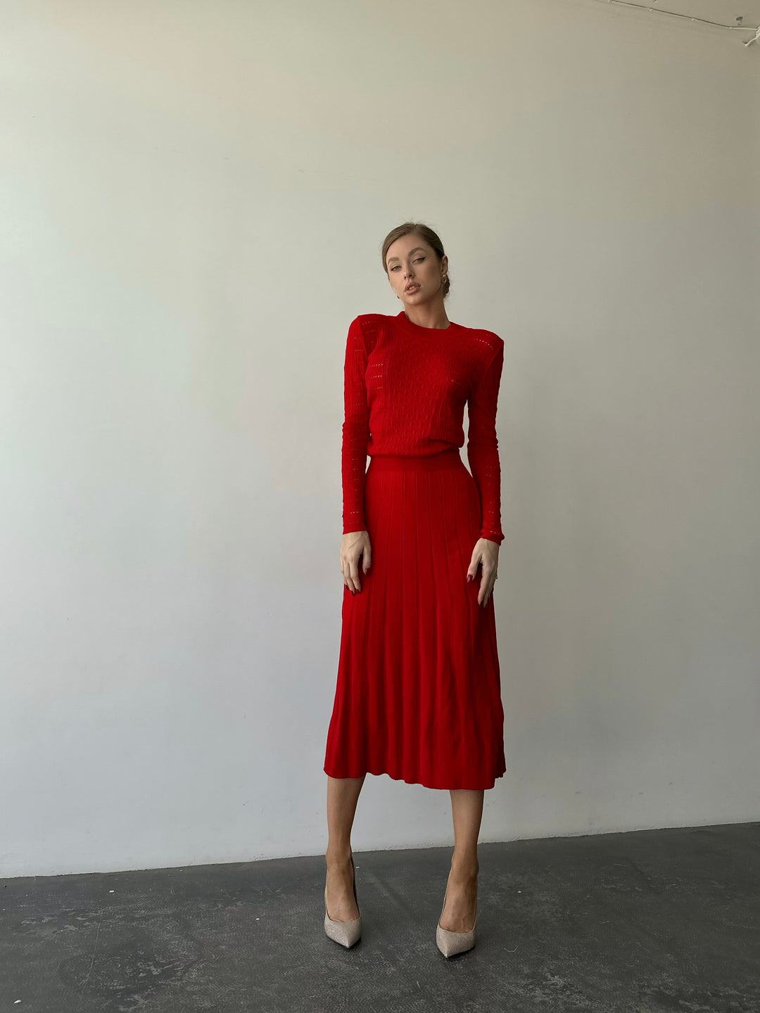 Knit Hollow Out Dress Red