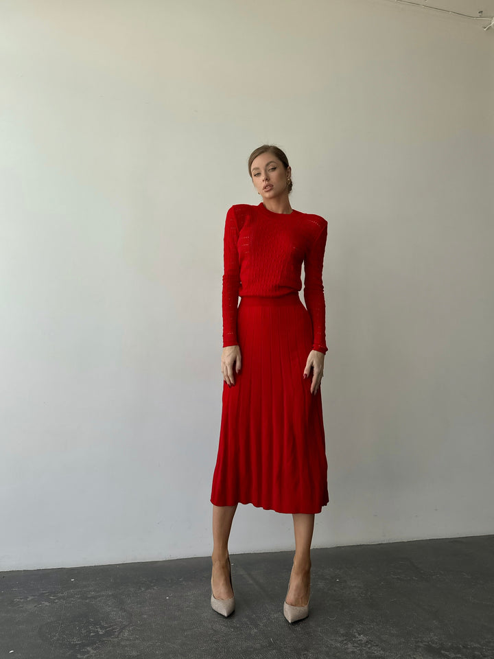 Knit Hollow Out Dress Red