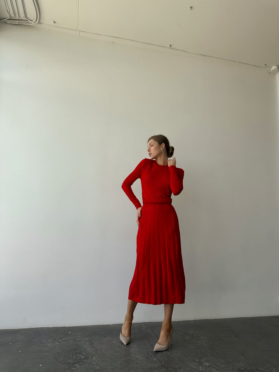 Knit Hollow Out Dress Red