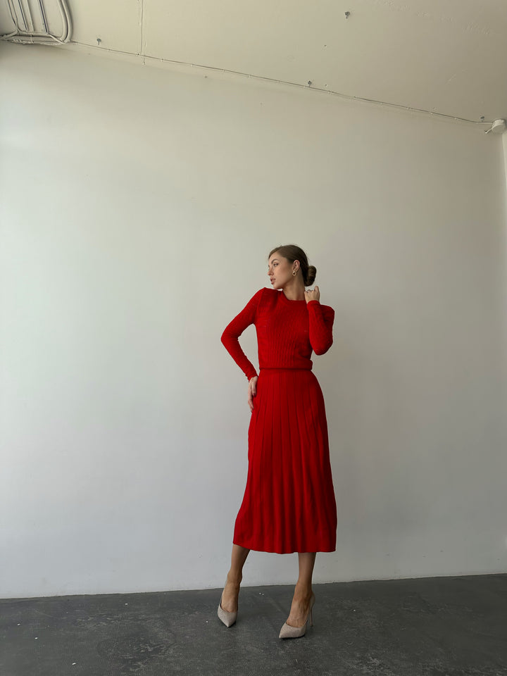 Knit Hollow Out Dress Red