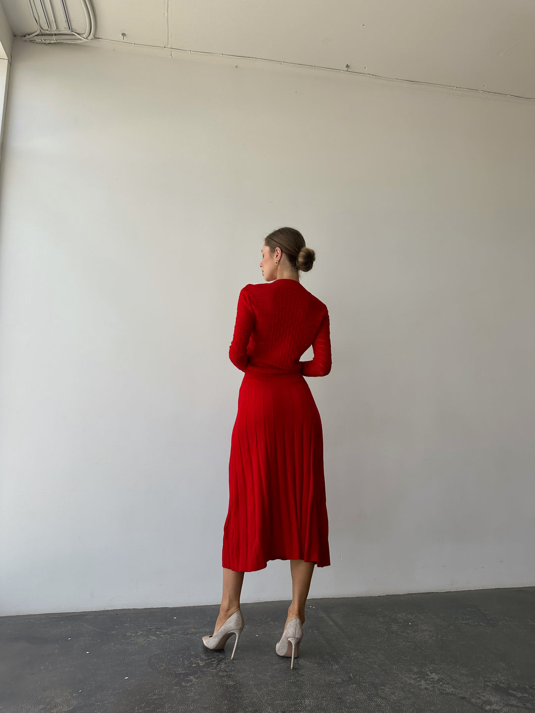 Knit Hollow Out Dress Red