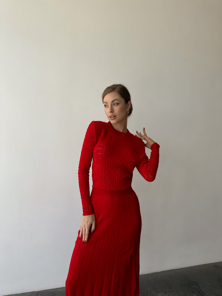 Knit Hollow Out Dress Red