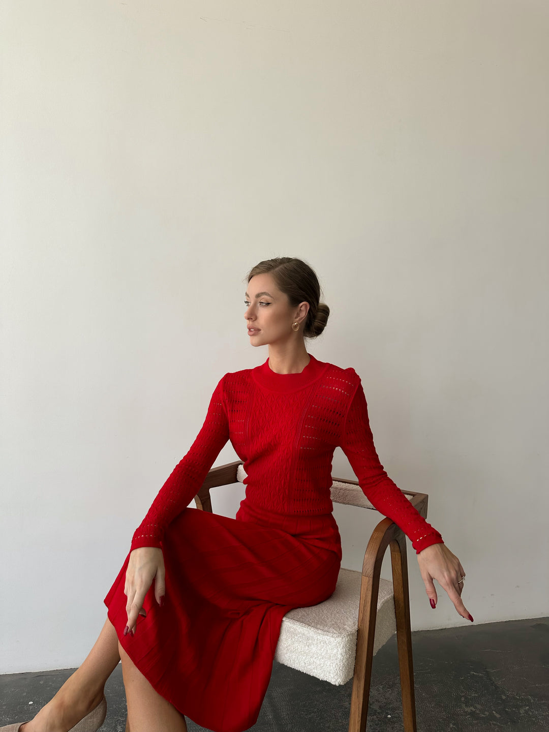Knit Hollow Out Dress Red