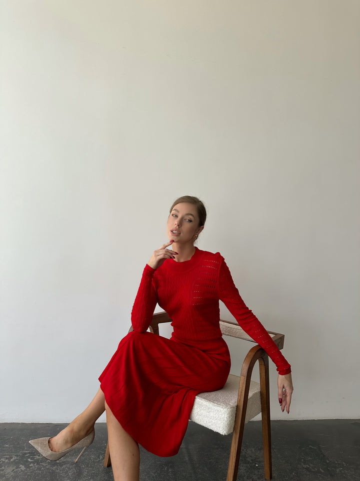 Knit Hollow Out Dress Red