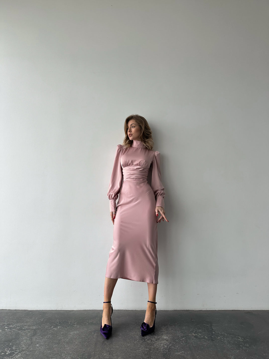 pink satin dress pencil turtle long midi for other holiday birthday wedding portrait pageant dance party front view