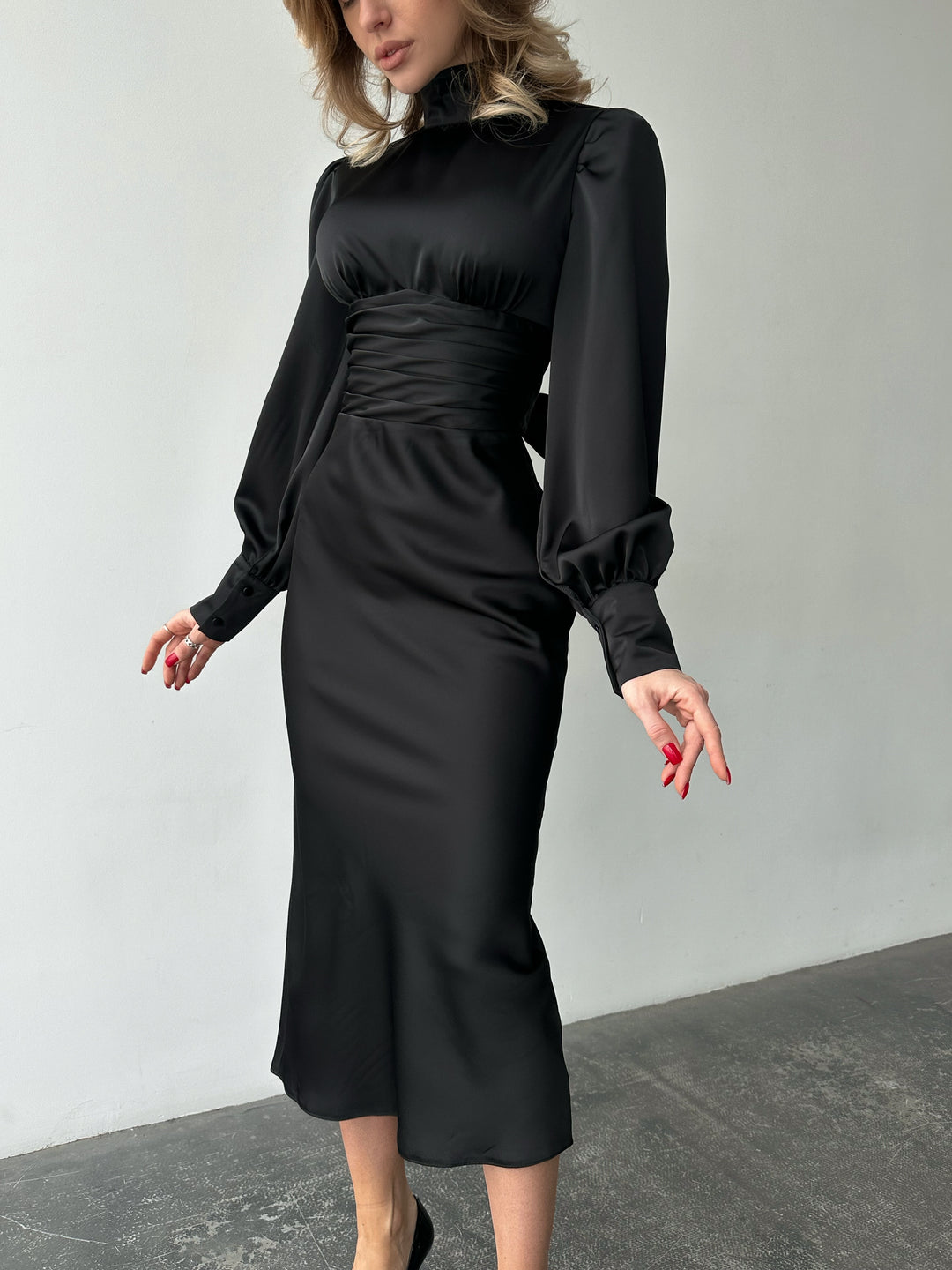 Black Silk Open Back Dress with Long Sleeves