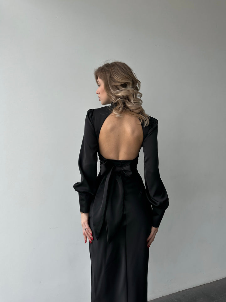 Black Silk Open Back Dress with Long Sleeves