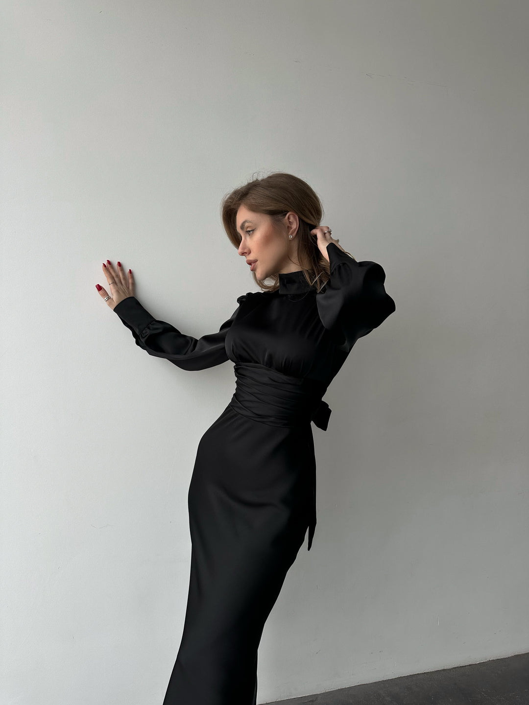Black Silk Open Back Dress with Long Sleeves