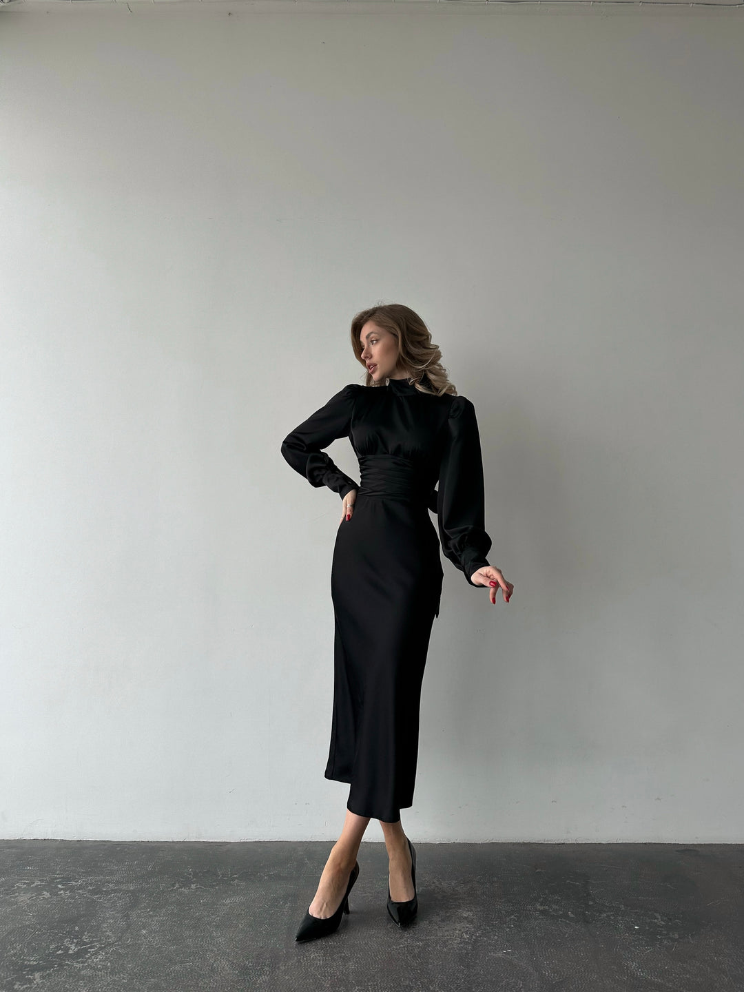 Black Silk Open Back Dress with Long Sleeves