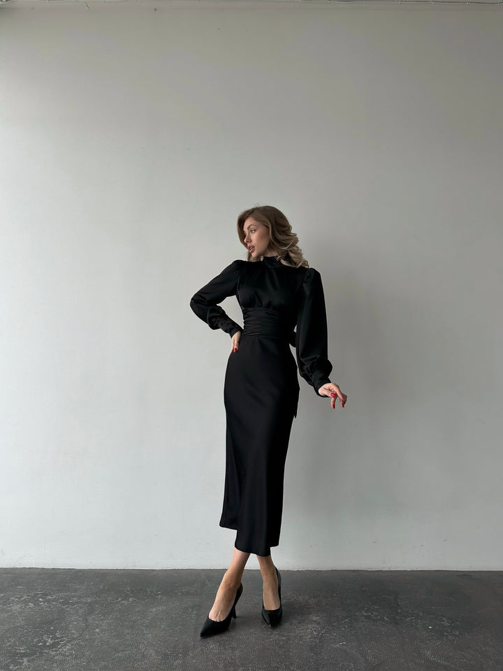 Black Silk Open Back Dress with Long Sleeves