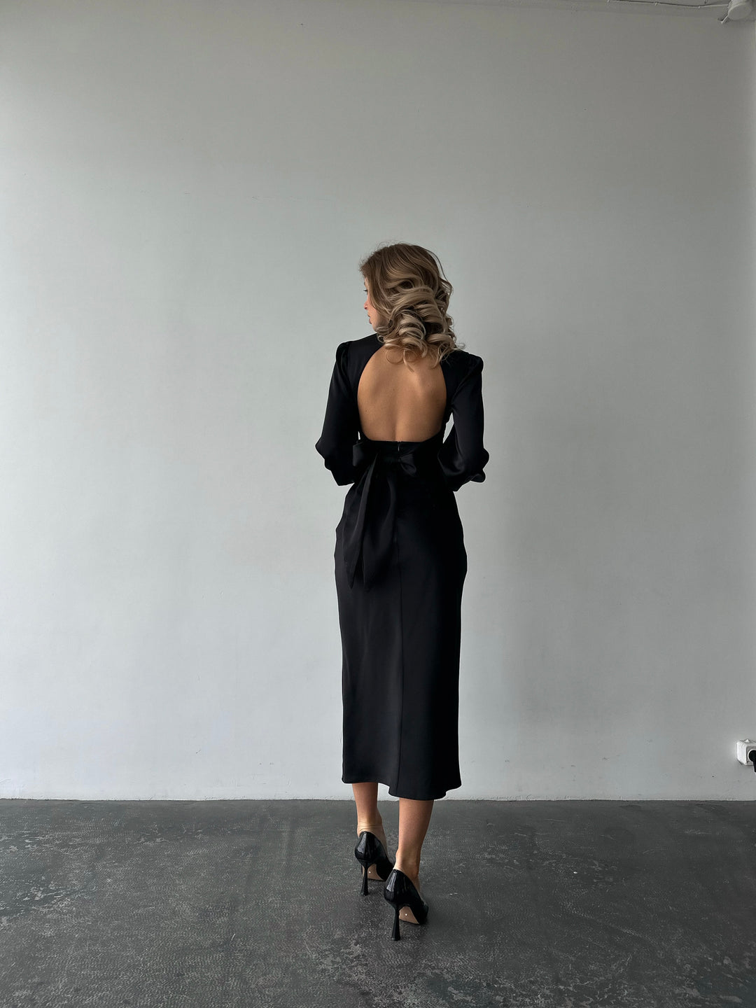Black Silk Open Back Dress with Long Sleeves