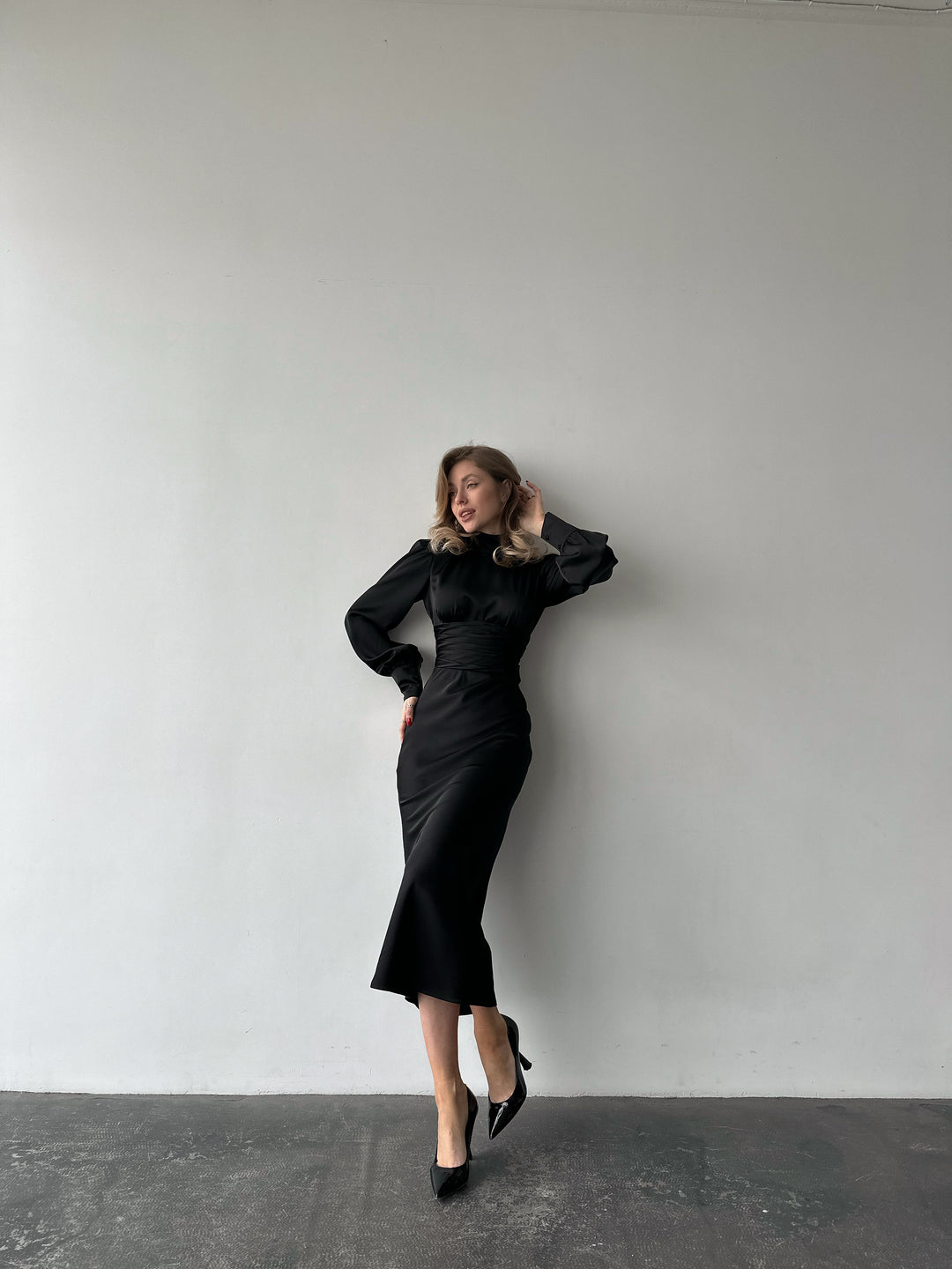 Black Silk Open Back Dress with Long Sleeves
