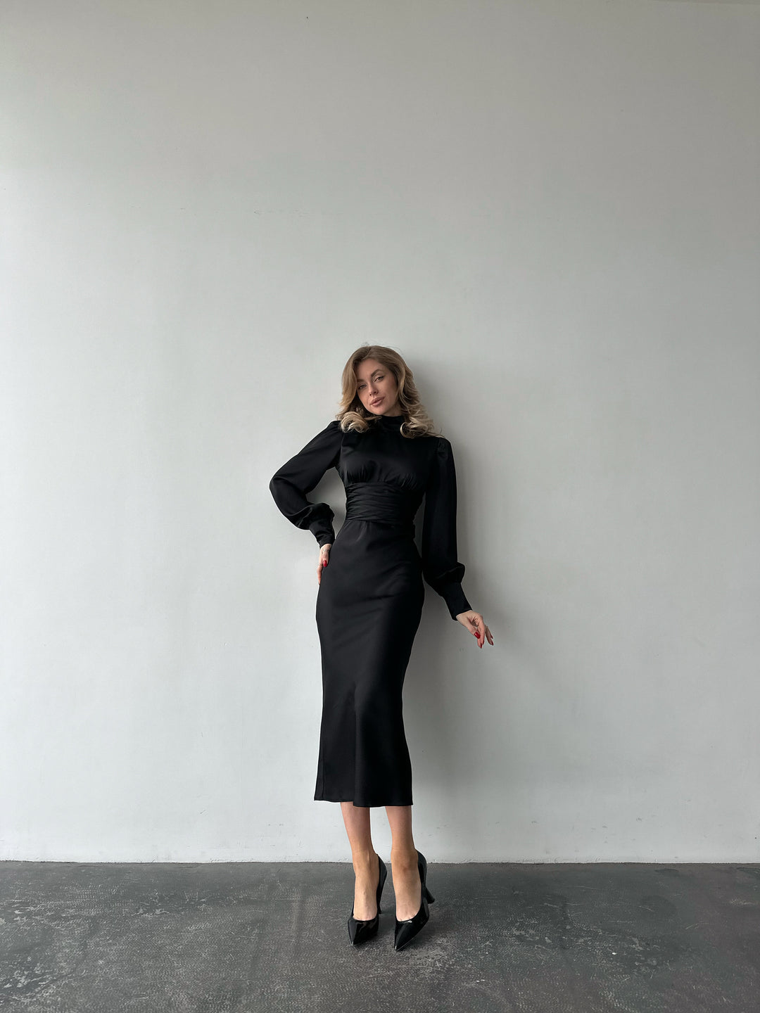 Black Silk Open Back Dress with Long Sleeves
