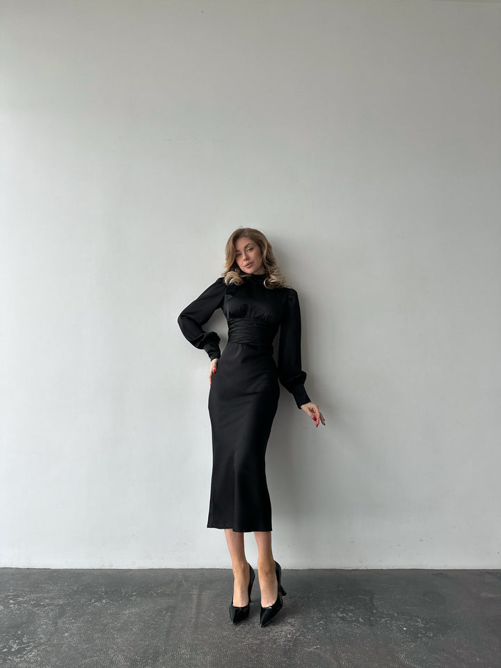 Black Silk Open Back Dress with Long Sleeves