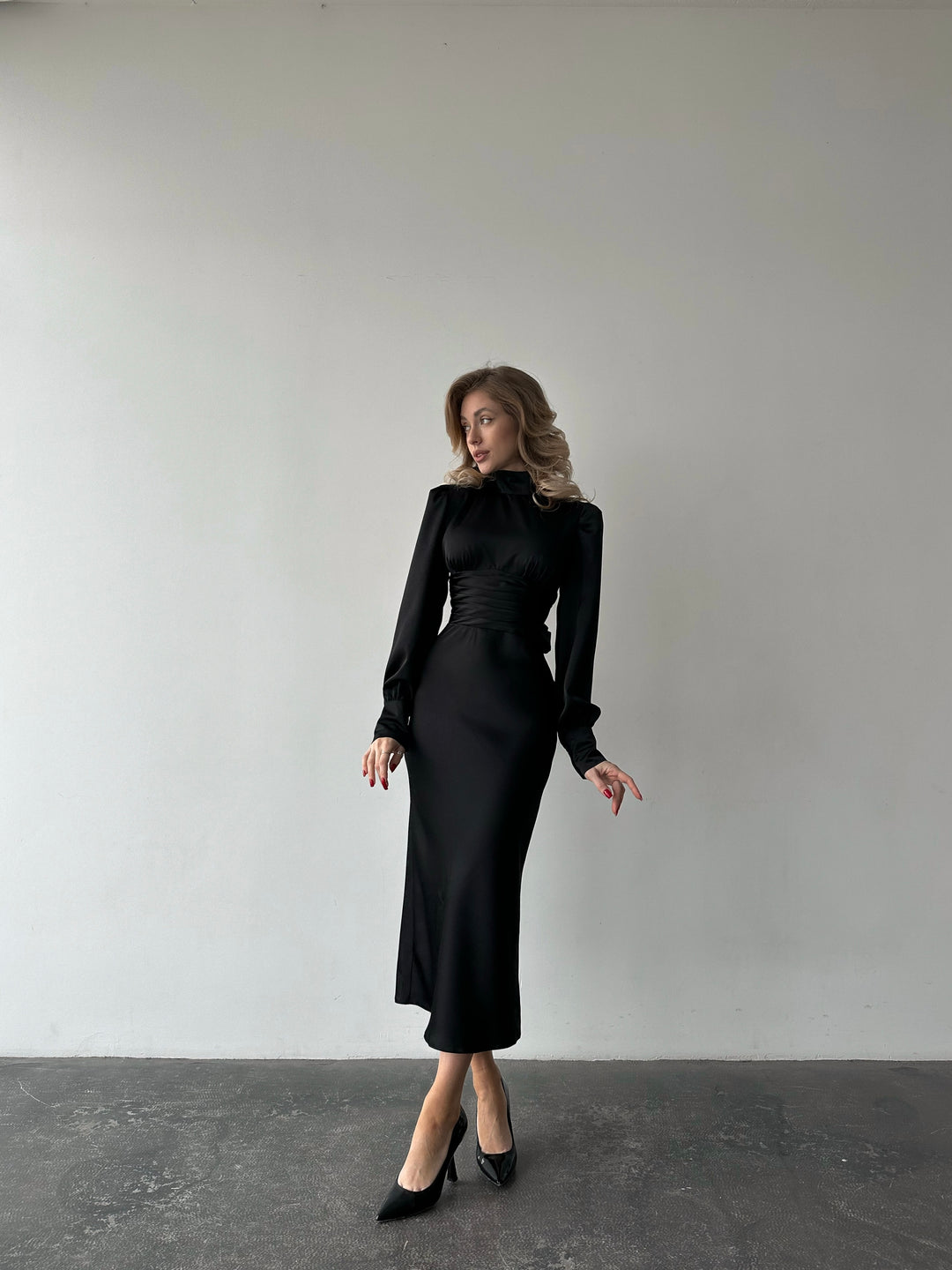 Black Silk Open Back Dress with Long Sleeves