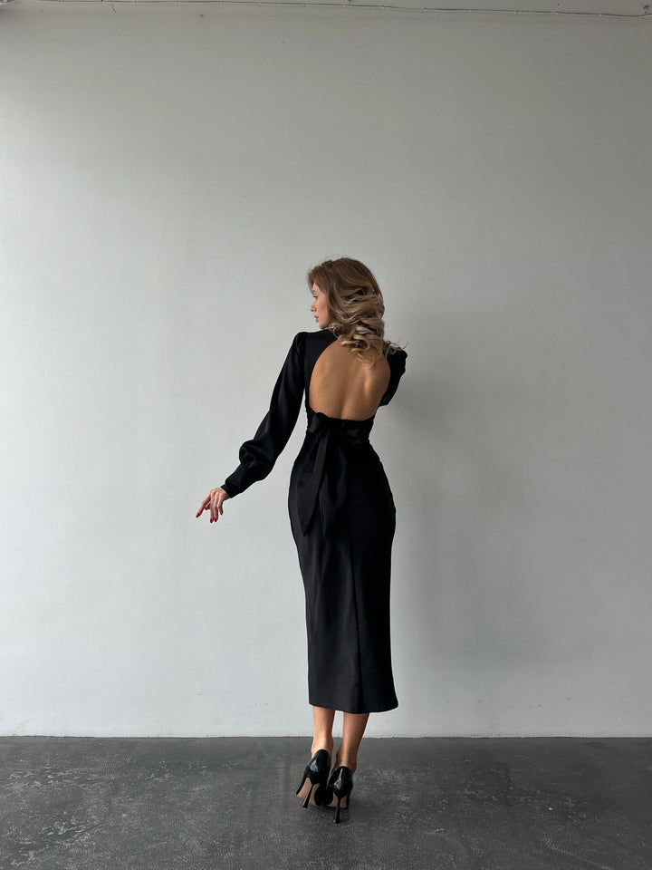 Black Silk Open Back Dress with Long Sleeves
