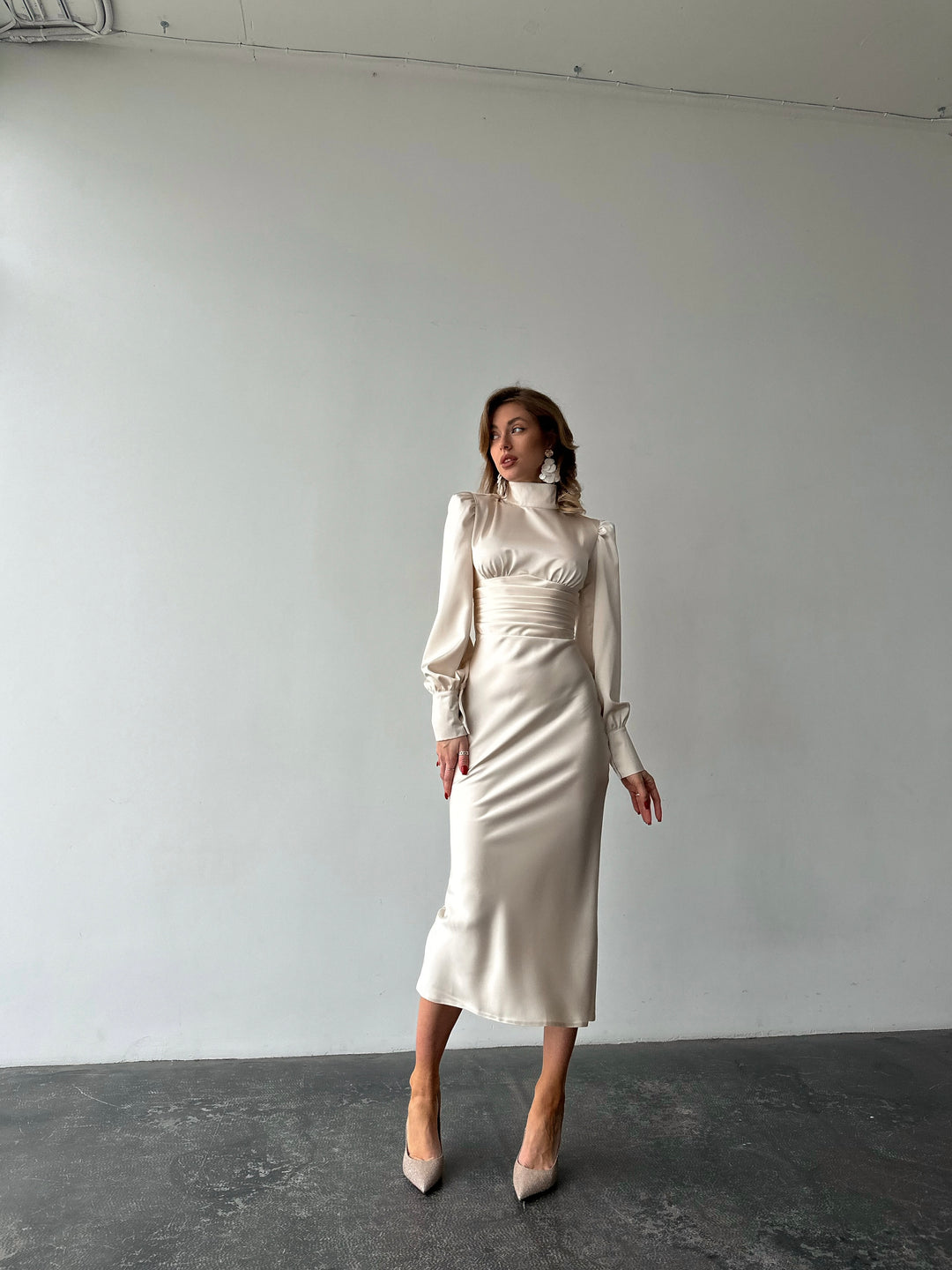 ivory satin dress pencil turtle long midi for other holiday birthday pageant wedding portrait dance party front view