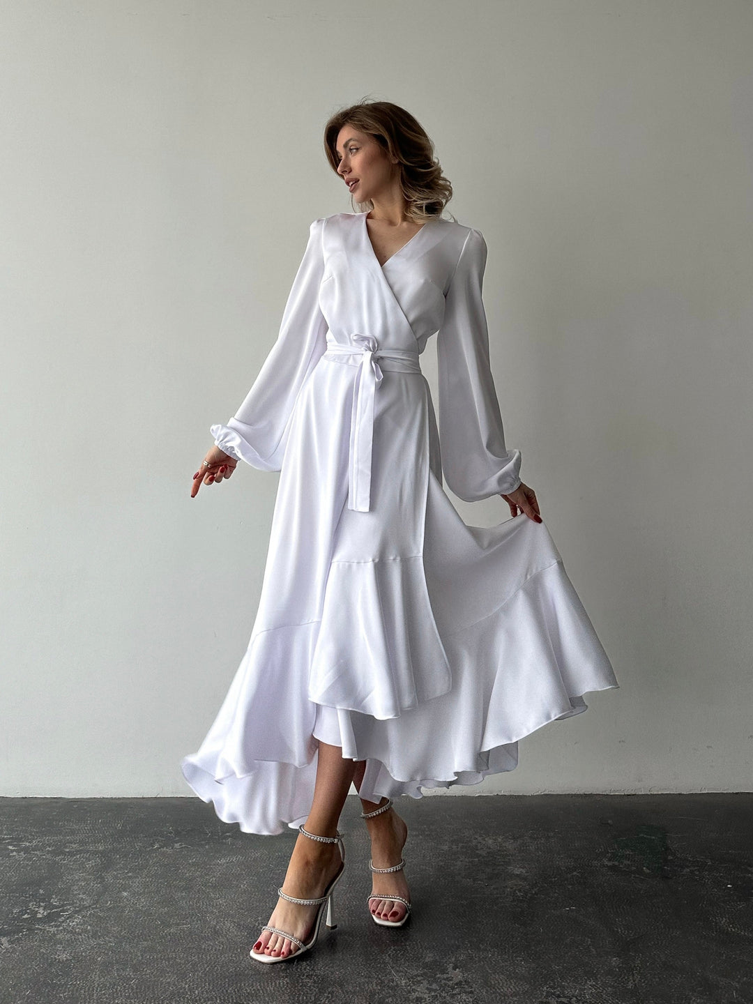 white silk polyester dress wrap gown v-neck long maxi for formal party wedding front view