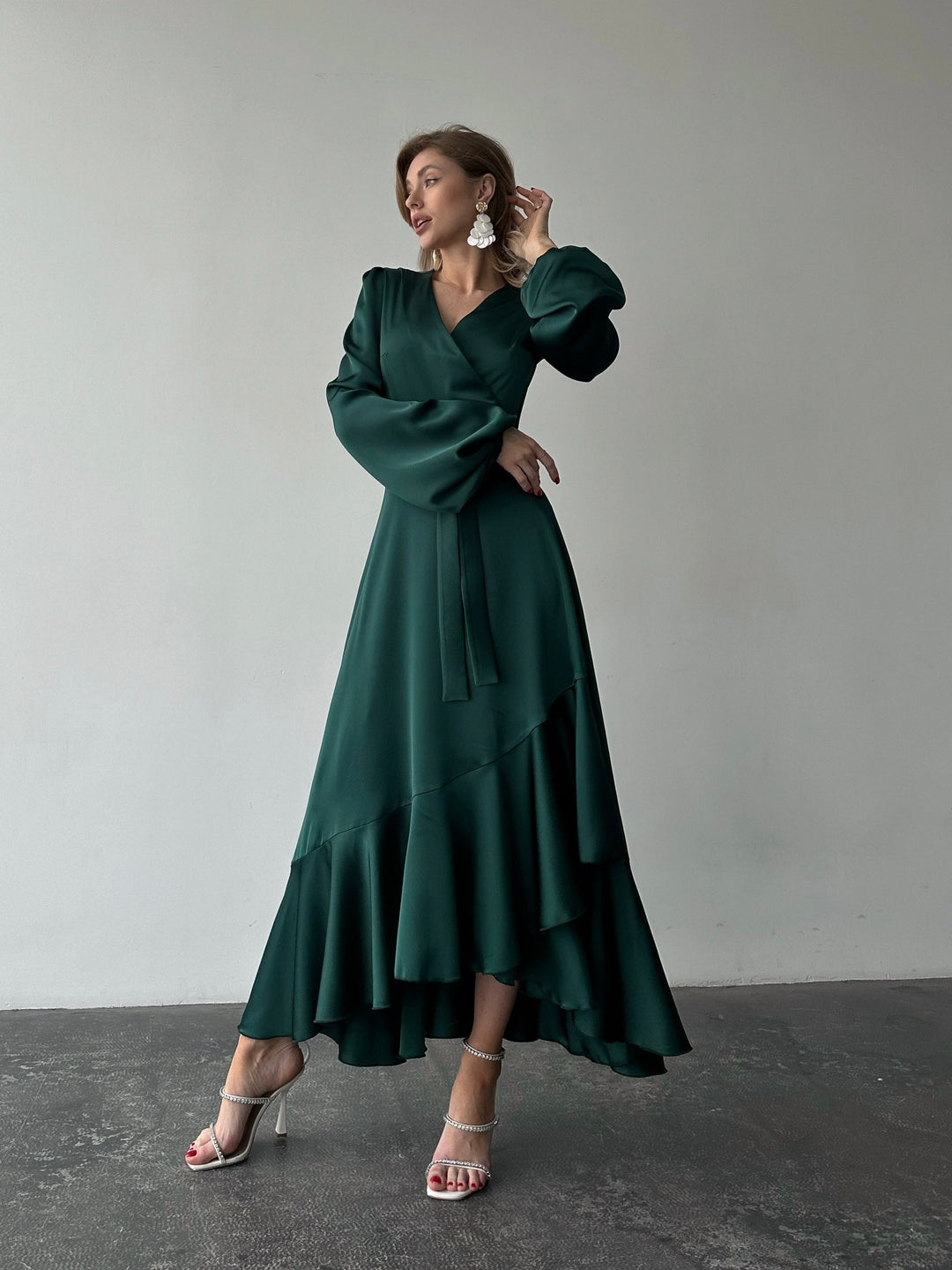 emerald silk polyester dress wrap flared v-neck long maxi for formal party wedding front view