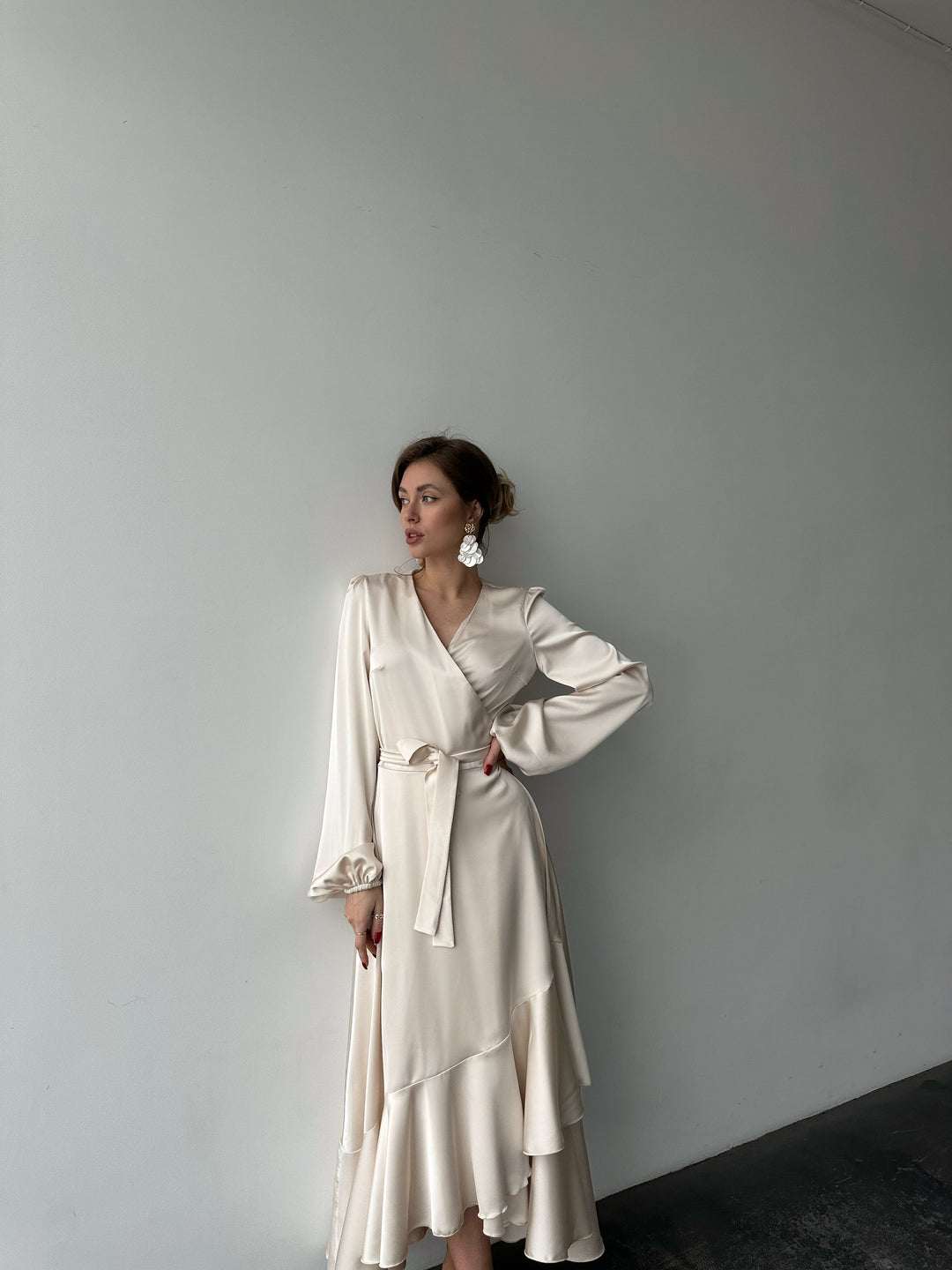 Bella Satin Wrap Dress Ivory