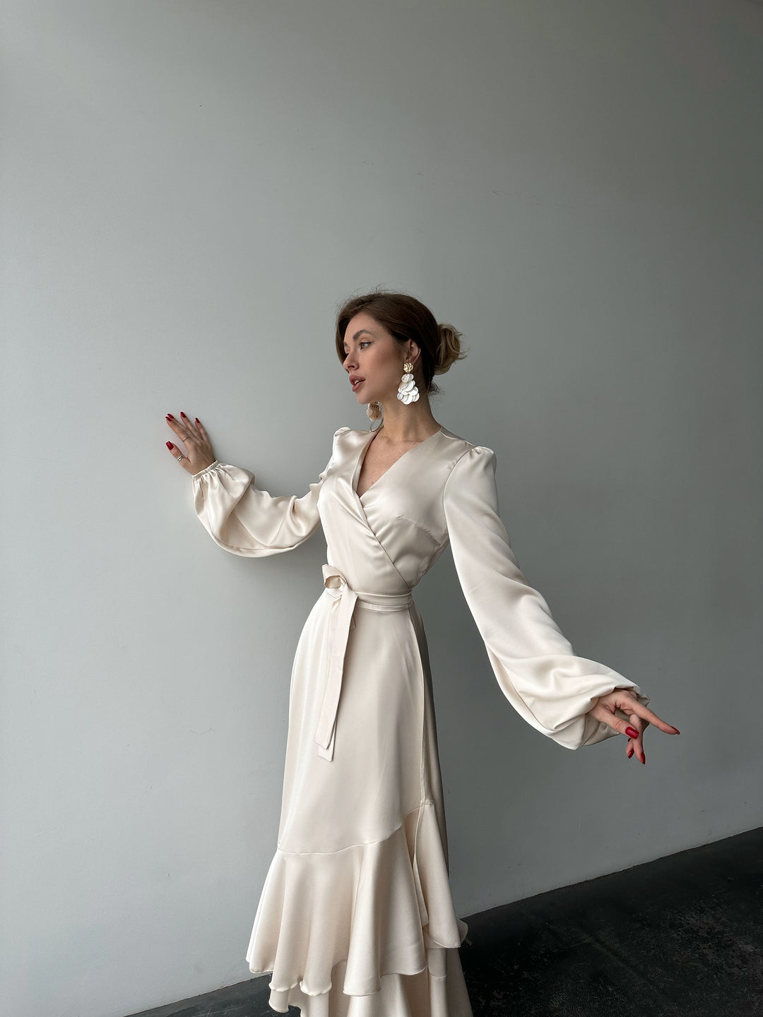 Bella Satin Wrap Dress Ivory