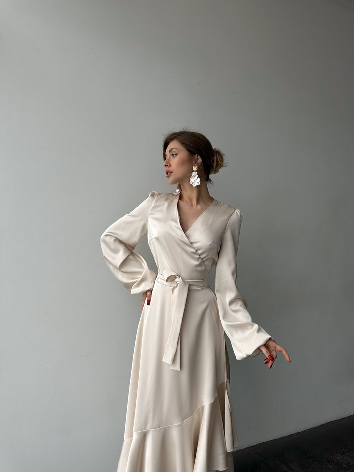 Bella Satin Wrap Dress Ivory