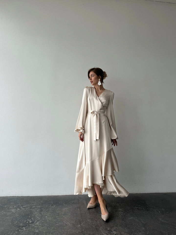 Bella Satin Wrap Dress Ivory