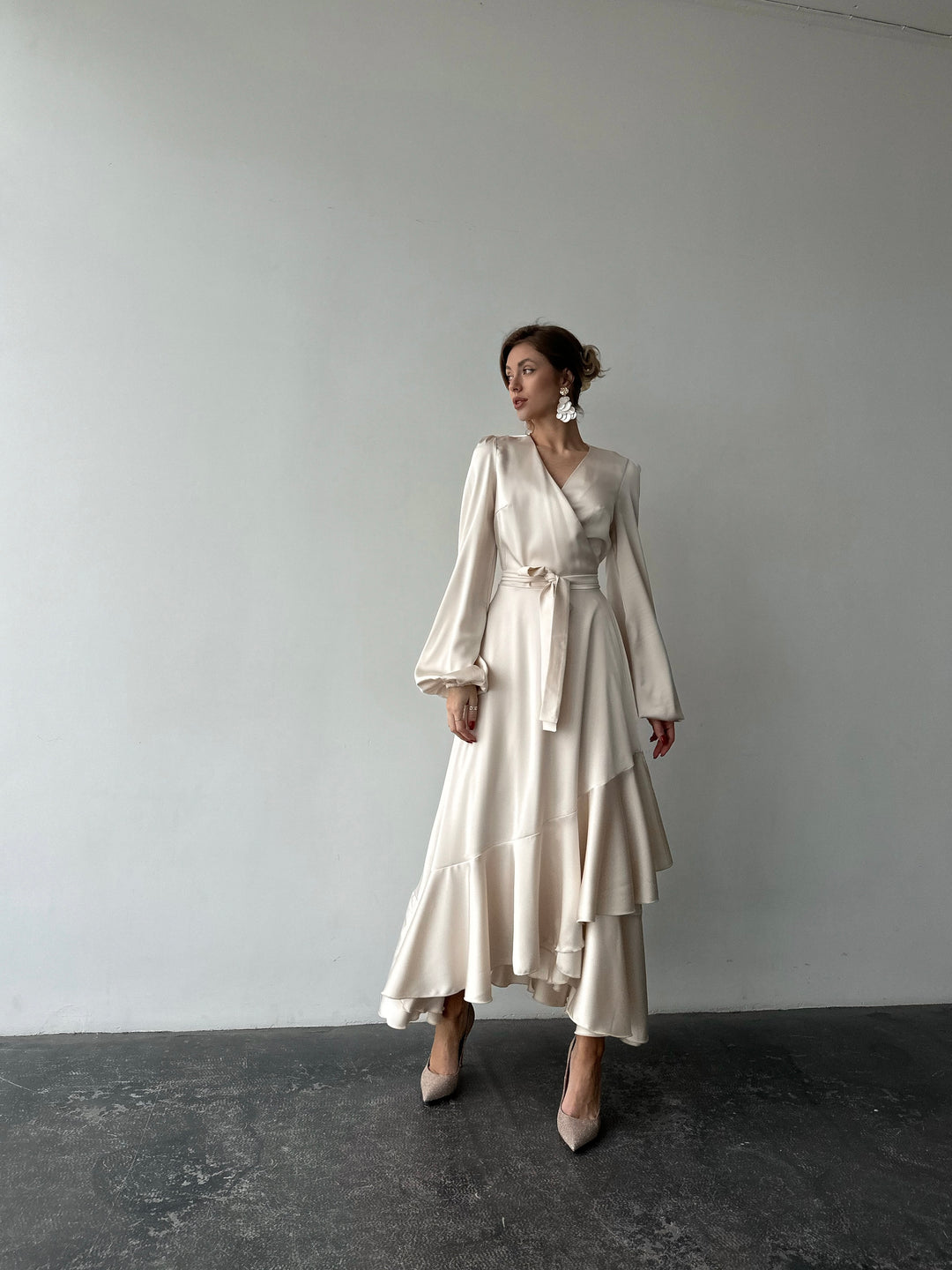 Bella Satin Wrap Dress Ivory