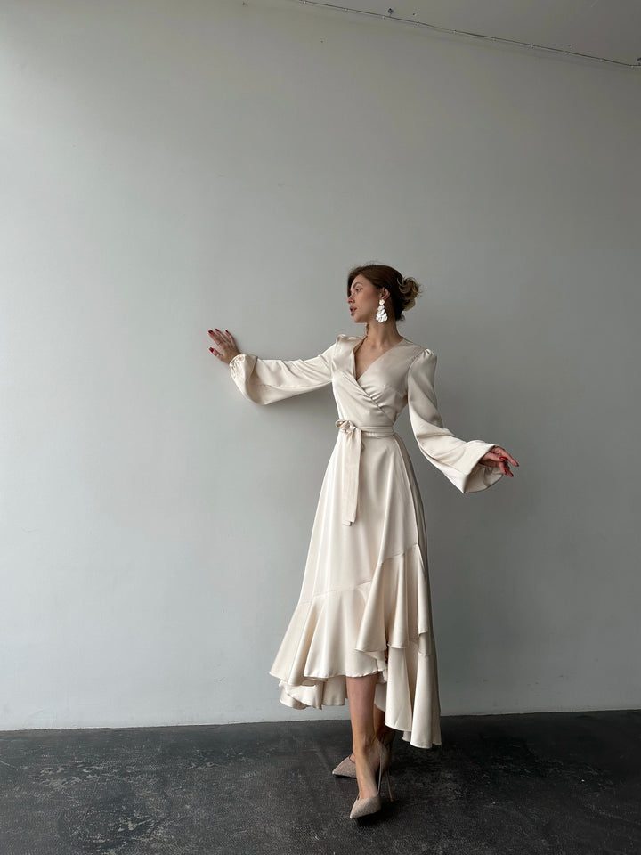 Bella Satin Wrap Dress Ivory